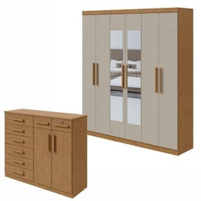 Conjunto de Guarda-Roupa 6 Portas com Espelho Jazz e Cômoda Toronto Amêndoa Clean/Off White