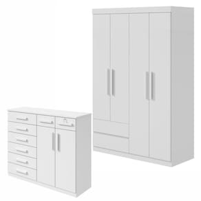 Conjunto de Guarda-Roupa Solteiro 4 Portas 2 Gavetas Zeuse Cômoda 8 Gavetas 2 Portas Toronto Branco