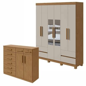 Conjunto de Guarda-Roupa 6 Portas 4 Gavetas Zeus com Espelho e com Pése Cômoda Toronto Amêndoa Clean/Off White