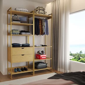 Guarda Roupa Aberto Industrial Casal 2 Módulos Canela Cabideiro com Gavetas Base Dourada