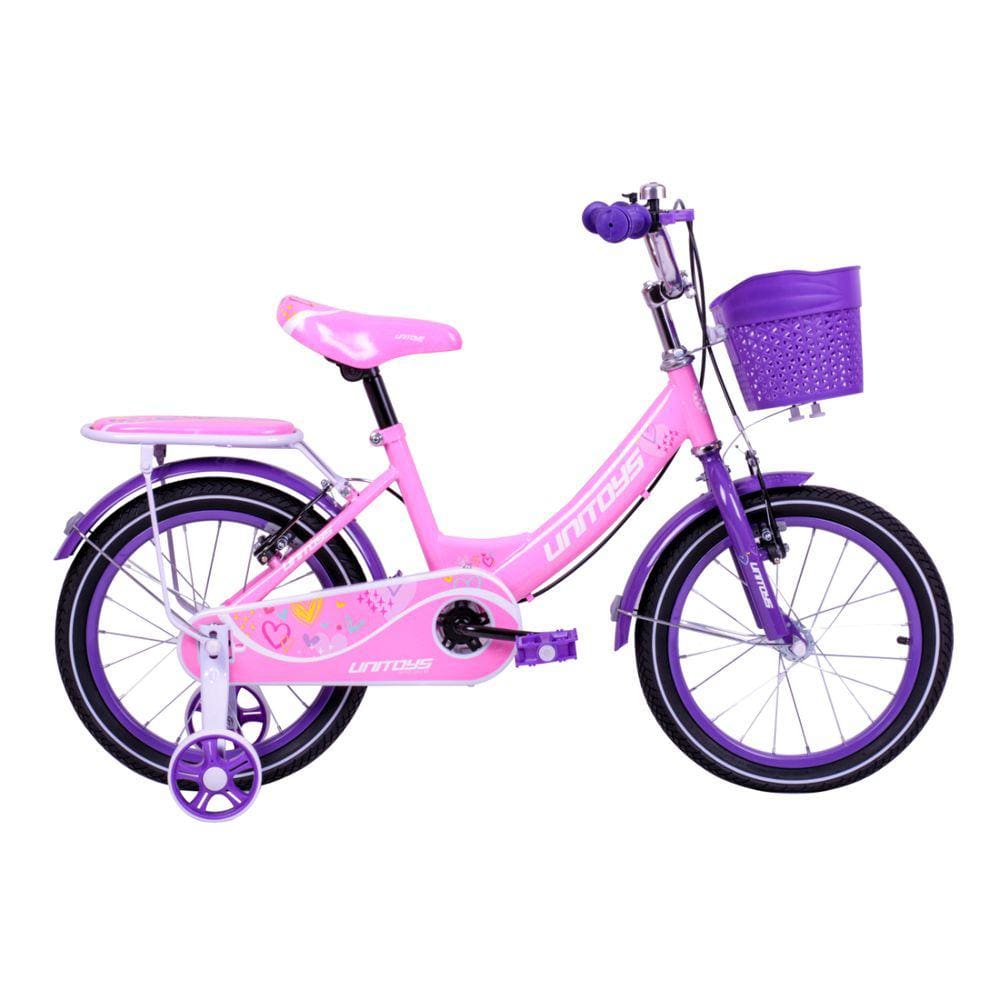 Bicicleta com cestinha de Menina Rosa Love Amor Rosa com rodinhas laterais