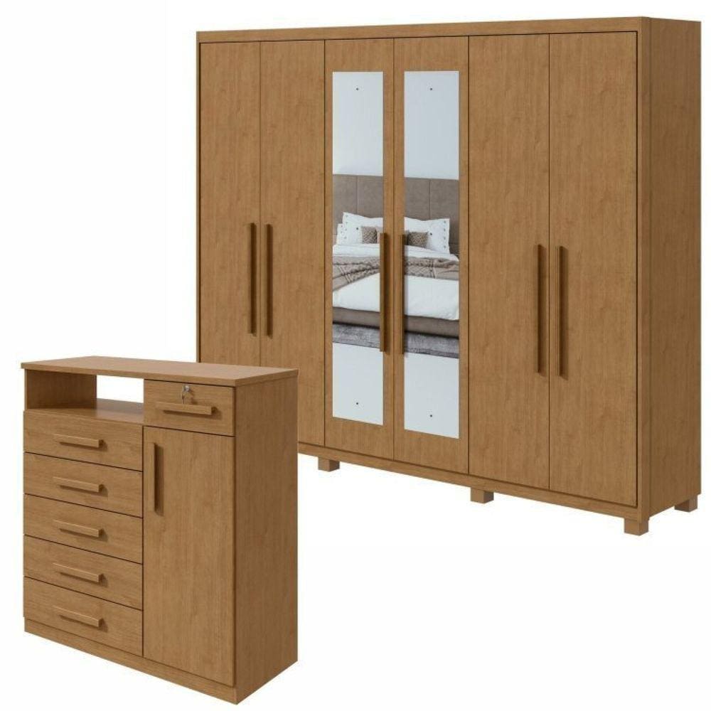 Conjunto de Guarda-Roupa 6 portas com espelho e pés Áries e Cômoda Da Vinci com Nicho Amêndoa Clean