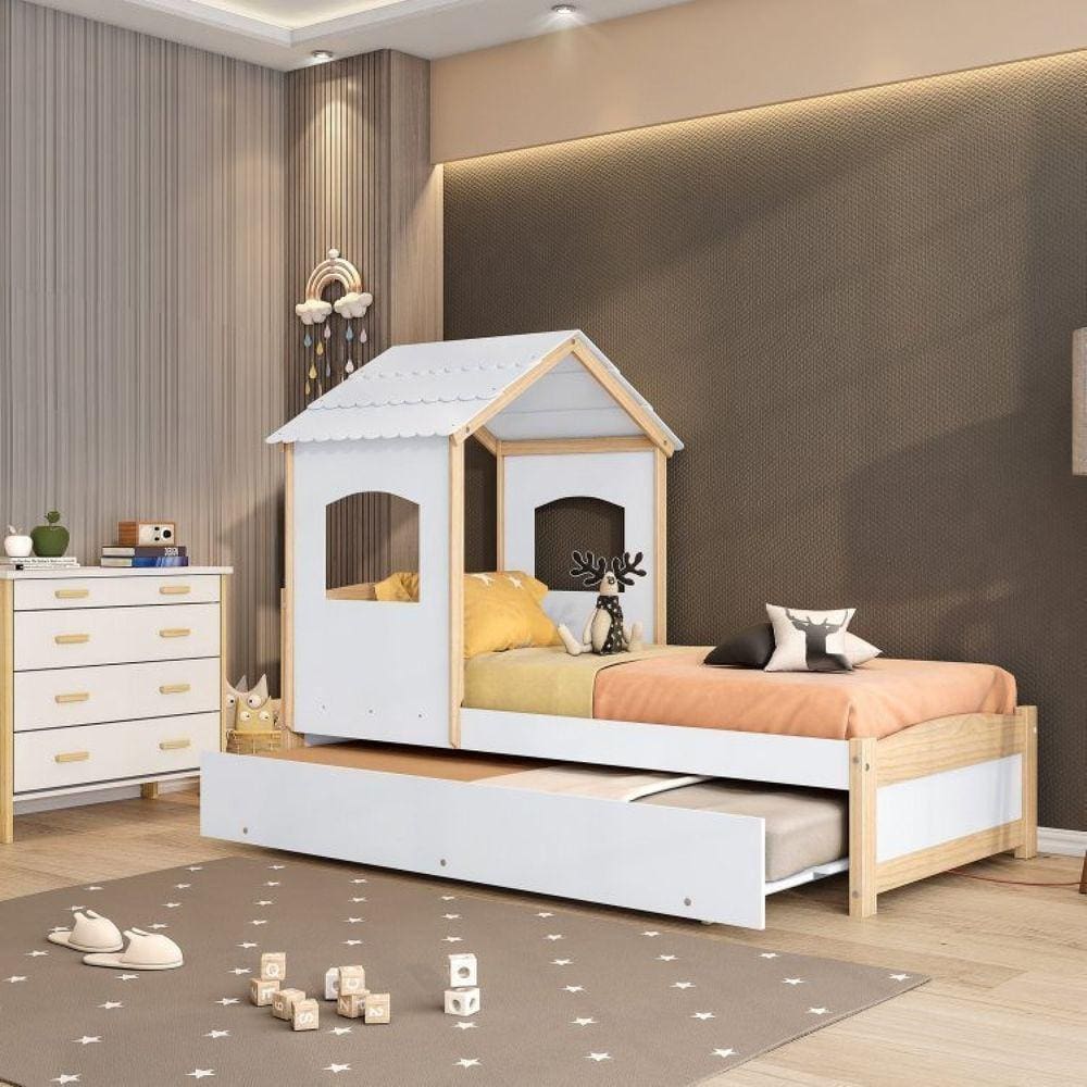 Bicama Infantil Solteiro Madeira Maciça/mdf com Telhado Casinha Casatema Branca/Natural