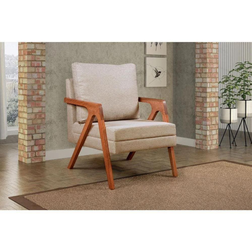Kit 2 Poltronas Decorativa Braço de Madeira Mona Bege