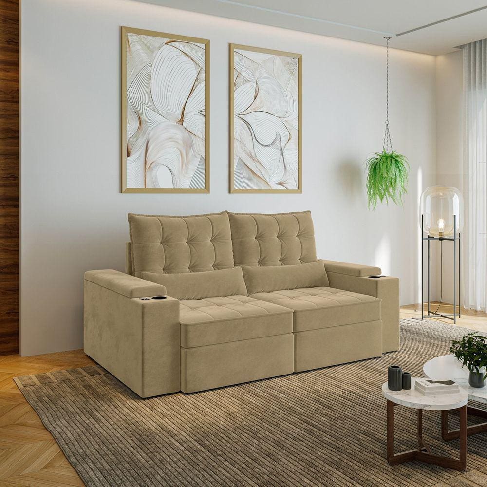 Sofá Retrátil e Reclinável com Porta Copos e Usb 3 Lugares 200cm Embaúba Extra Cabecasa Madeiramadei Palha Diamante