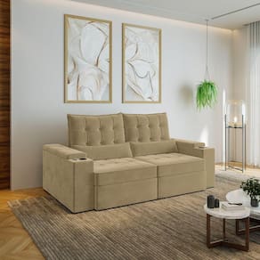 Sofá Retrátil e Reclinável com Porta Copos e Usb 3 Lugares 210cm Embaúba Extra Cabecasa Madeiramadei Palha Diamante