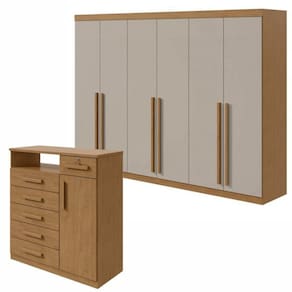 Conjunto de Guarda-Roupa 6 Portas Bertha com Cômoda Da Vinci com Nicho Amêndoa Clean/Off White