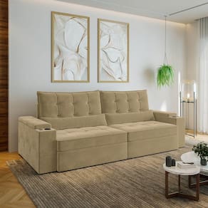 Sofá Retrátil e Reclinável com Porta Copos e Usb 4 Lugares 270cm Embaúba Extra Cabecasa Madeiramadei Palha Diamante