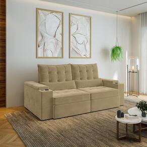Sofá Retrátil e Reclinável com Porta Copos e Usb 3 Lugares 220cm Embaúba Extra Cabecasa Madeiramadei Palha Diamante