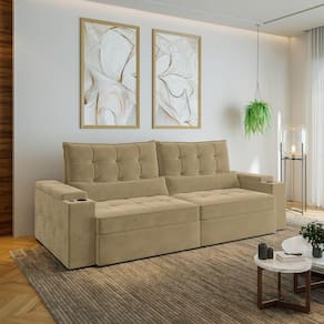 Sofá Retrátil e Reclinável com Porta Copos e Usb 4 Lugares 260cm Embaúba Extra Cabecasa Madeiramadei Palha Diamante