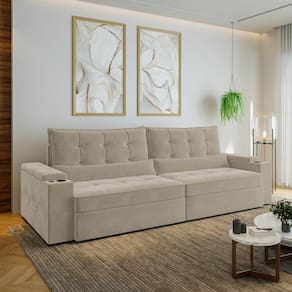 Sofá Retrátil e Reclinável com Porta Copos e Usb 4 Lugares 300cm Embaúba Extra Cabecasa Madeiramadei Bege Fosco