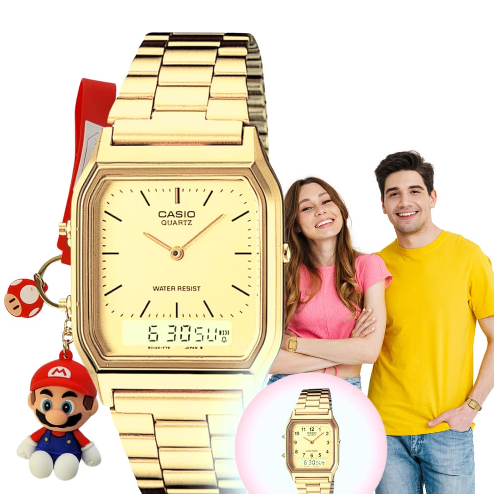 Relógio de pulso Casio Unissex Vintage Masculino Feminino Analogico Digital Retro Pulseira em Aço Inóx Dourado AQ-230GA + Chaveiro