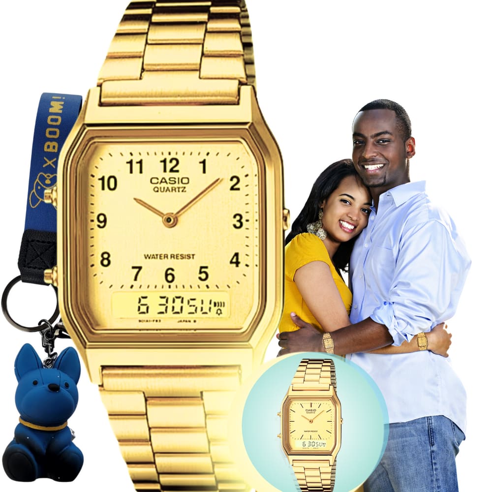 Relógio de pulso Casio Unissex Vintage Masculino Feminino Analogico Digital Retro Pulseira em Aço Inóx Dourado AQ-230GA + Chaveiro