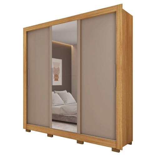 Guarda Roupas Casal Com Espelho 3 Portas De Correr 2 Gavetas Vitória Buriti / Fendi Caemmum - Cinza