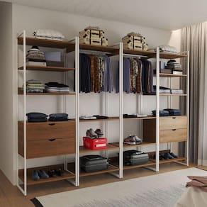 Guarda Roupa Aberto Industrial Casal Modulado Completo Amêndoa Cabideiro com Gavetas Ferro Branco