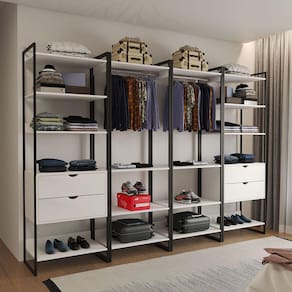 Guarda Roupa Aberto Industrial Casal Modulado Completo Branco Cabideiro com Gavetas Ferro Preto