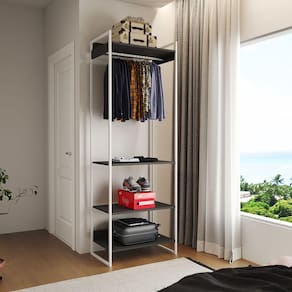 Closet Modulado Estilo Industrial Solteiro Loft Preto Cabideiro Ferro Branco