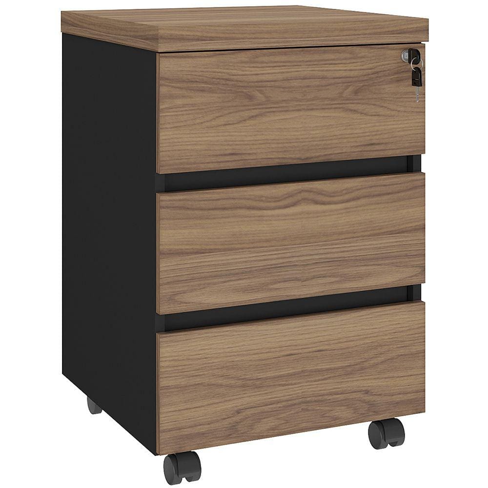 Gaveteiro Para Escritório com Rodízios 03 Gavetas Unik A02 Nogal Preto - Lyam Decor