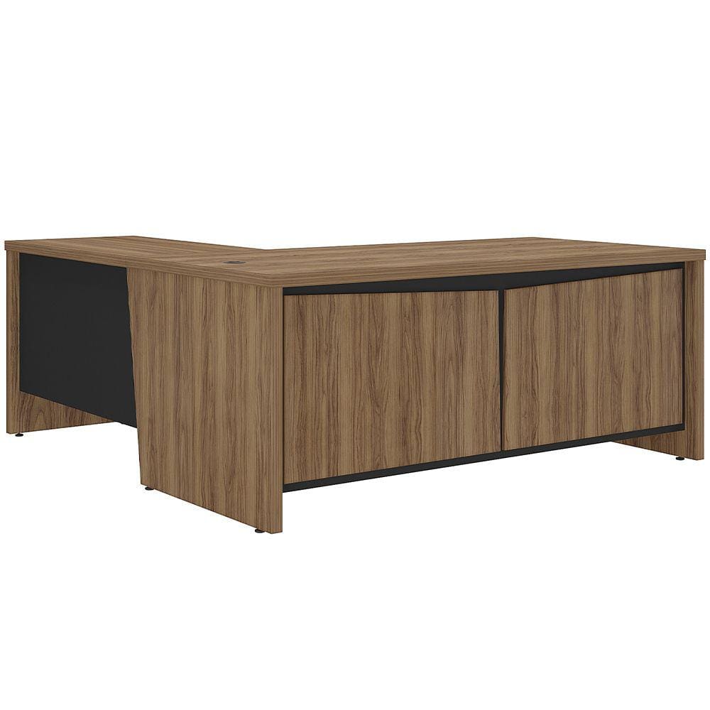 Mesa Para Escritório em L 180x190cm 2 Portas e 3 Gavetas Unik A02 Nogal Preto - Lyam Decor