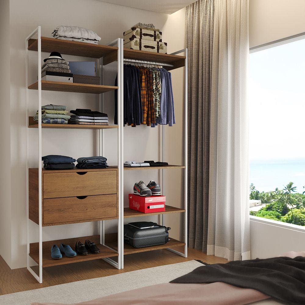 Guarda Roupa Aberto Industrial Casal 2 Módulos Amêndoa Cabideiro com Gavetas Ferro Branco