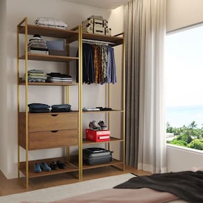 Guarda Roupa Aberto Industrial Casal 2 Módulos Amêndoa Cabideiro com Gavetas Base Dourada