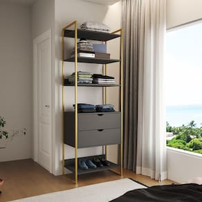 Guarda Roupa Aberto Industrial Solteiro 1 Módulo com Gaveta Preto Base Dourada