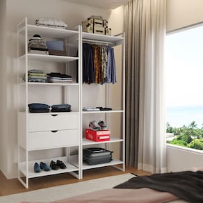 Guarda Roupa Aberto Industrial Casal 2 Módulos Branco Cabideiro com Gavetas Ferro Branco