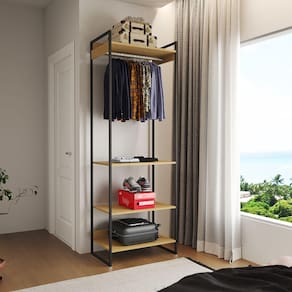 Guarda Roupa Aberto Industrial Modulado Solteiro Canela Cabideiro Ferro Preto