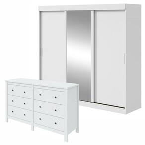 Conjunto de Guarda-Roupa 3 Portas 3 Gavetas Saion Plus 1 Porta Glasse Cômoda Maggiore New Branco