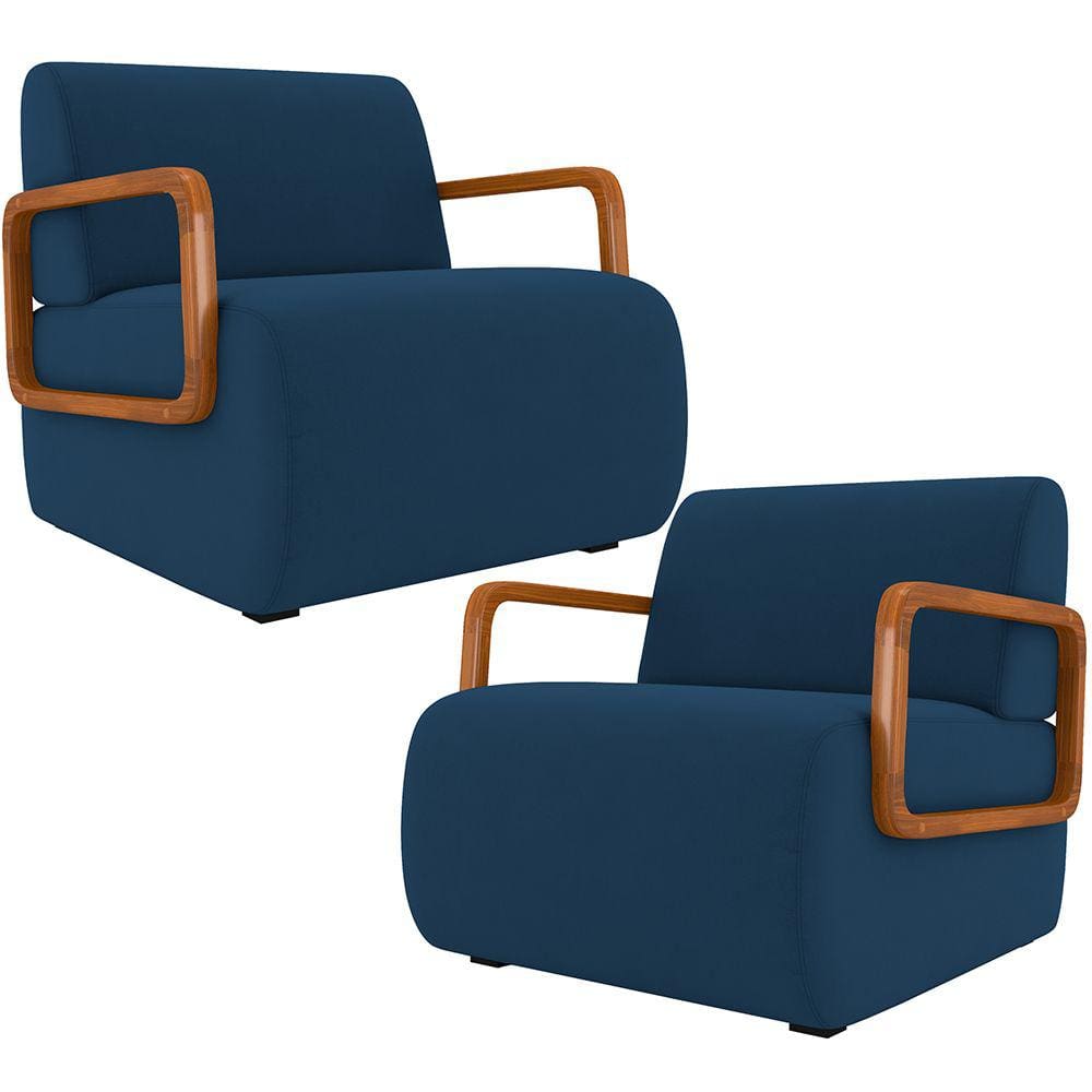Kit 02 Poltronas Decorativa Orgânica Bruxelas K01 Veludo Azul Marinho - Lyam Decor