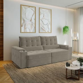 Sofá Retrátil e Reclinável com Porta Copos e Usb 4 Lugares 240cm Embaúba Extra Cabecasa Madeiramadei Cinza Claro Fosco