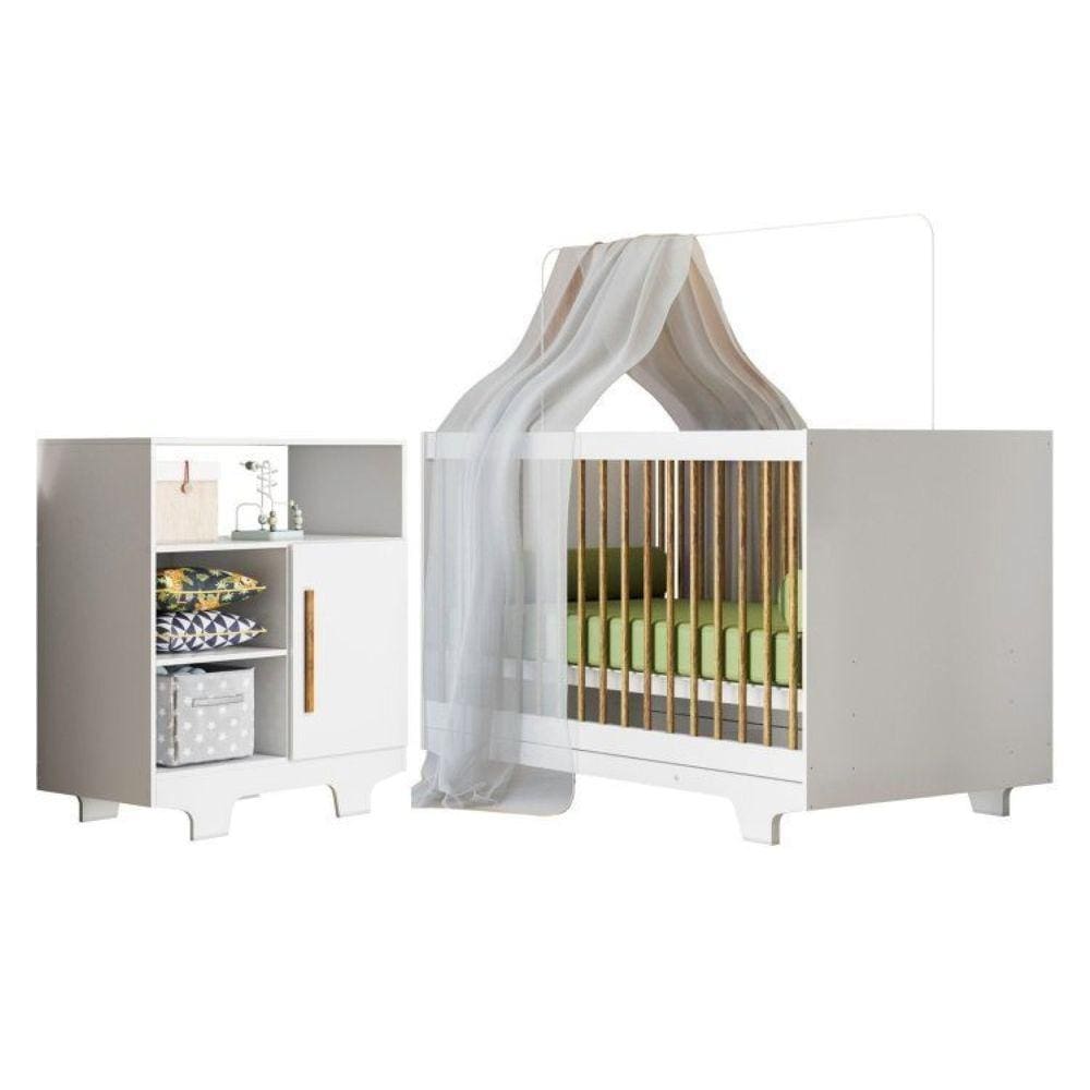 Quarto de Bebê com Berço Mini Cama 100% Mdf Flocos e Cômoda 100% Mdf 1 Porta 3 Prateleiras Flocos Branco