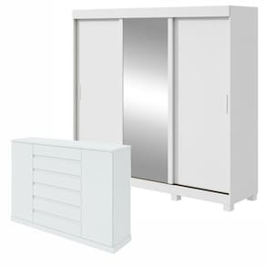 Conjunto de Guarda-roupa 3 Portas 3 Gavetas Saion Plus 1 Porta Glass com Pése Cômoda Vedra Branco