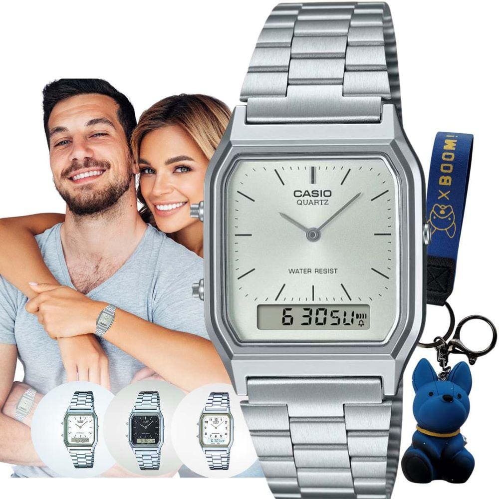Relógio Pulso Casio Unissex Vintage Feminino Masculino Pequeno Quadrado Digital Analógico Prova Dágua 3 ATM Prata AQ-230A + Chaveiro