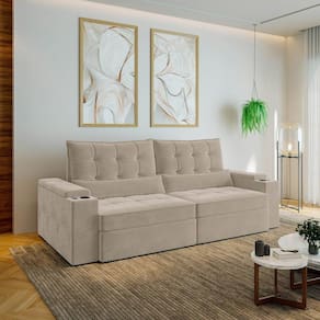 Sofá Retrátil e Reclinável com Porta Copos e Usb 4 Lugares 250cm Embaúba Extra Cabecasa Madeiramadei Bege Fosco