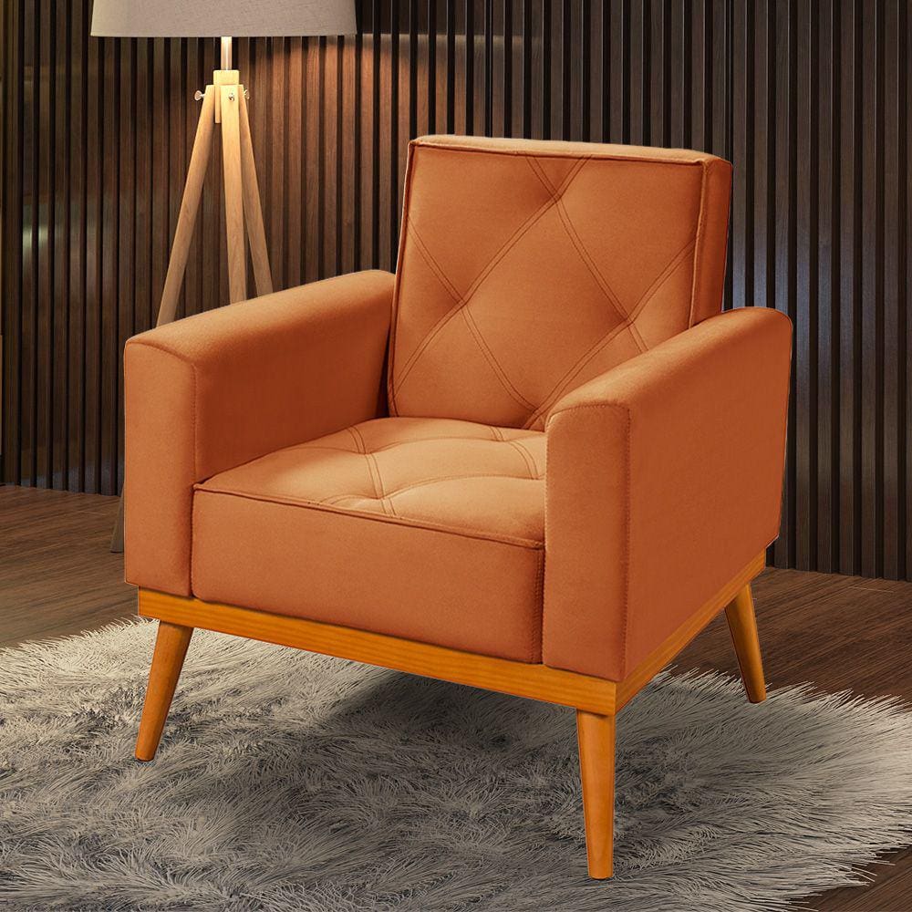 Poltrona Florença Base em Madeira Maciça Veludo Terracota