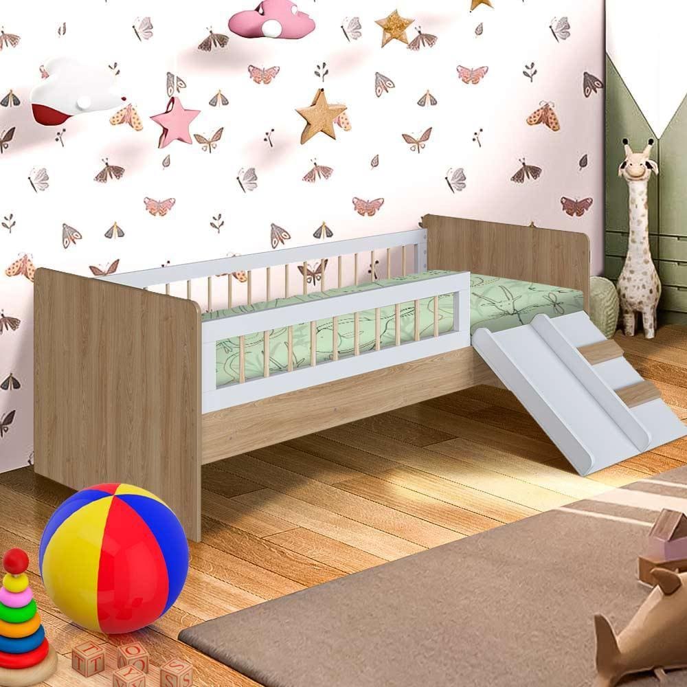 Cama Infantil Com Colchão E Grade De Proteção 135cm x 193cm Aveiro Oak Branco Dmitri Shop Jm