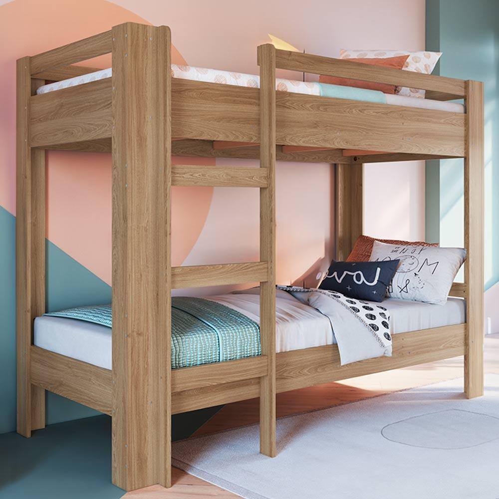 Beliche Com 2 Colchões Solteiro E Escada 91cm x 195cm Aveiro Oak Hans Shop Jm - Marrom