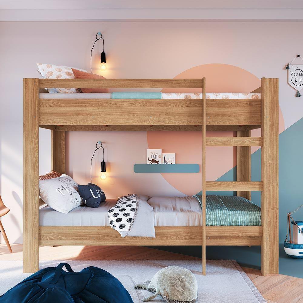 Cama Beliche Infantil Com 2 Colchões Ortobom Juvenil 91cm x 195cm Aveiro Oak Boyd Shop Jm - Marrom