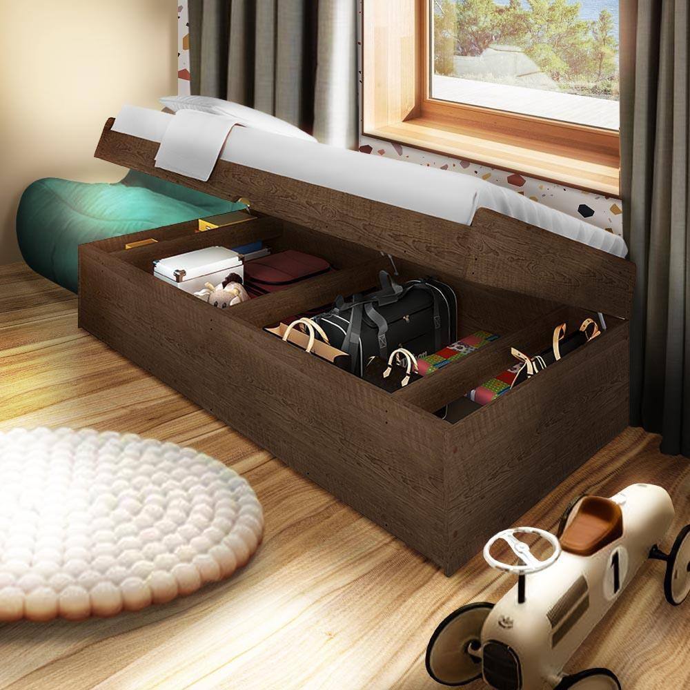 Cama Baú Solteiro Reforçada Chocolate Carina Shop JM - Marrom