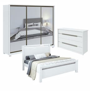 Quarto com Guarda-Roupa Casal com 3 Espelhos 3 Portas, Cômoda Urban 8 Gavetas e Cama Casal Reali Branco