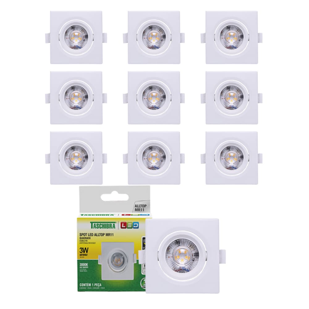 Kit 10 Spot LED Embutir Quadrado Alltop MR11 3W 38º 3000K - Taschibra