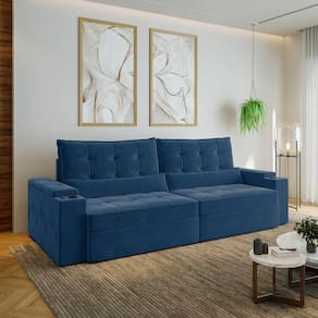 Sofá Retrátil e Reclinável com Porta Copos e Usb 4 Lugares 280cm Embaúba Extra Cabecasa Madeiramadei Azul Diamante