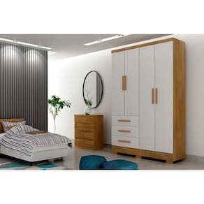 Guarda Roupa Solteiro 4 Portas 3 Gavetas C-espelho E Pés Freijo Cumaru C- Fendi - Novo Horizonte