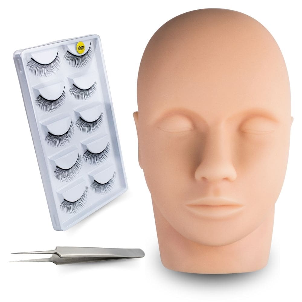 Kit Treino Cabeça Manequim + Cartela de Cílios + Pinça Reta