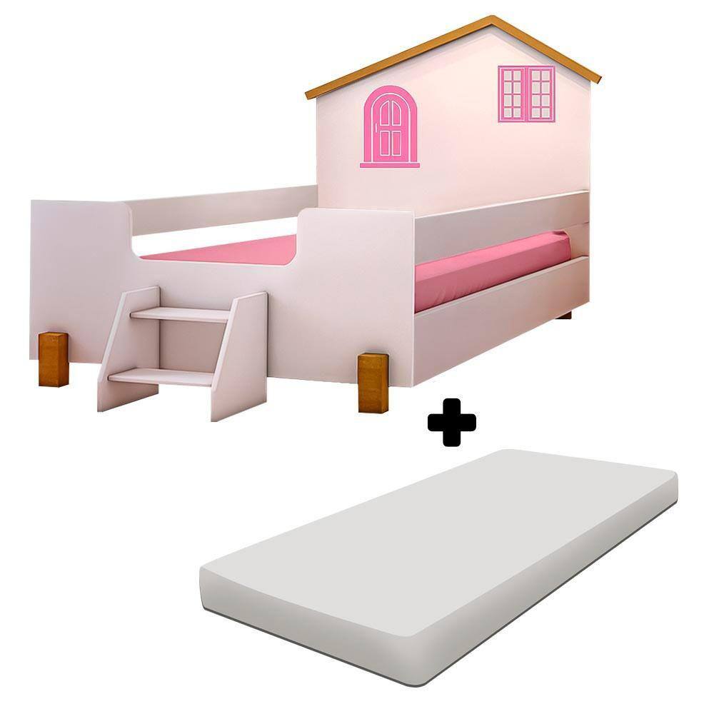 Cama Montessoriana Com Colchão Solteiro Infantil Grade De Proteção Branco Rosa Belle Shop JM - Rosa