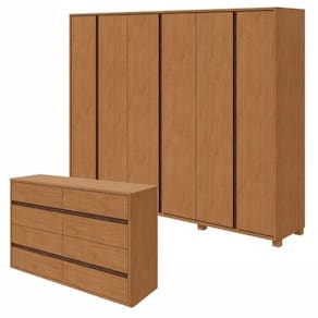 Conjunto de Guarda-Roupa Casal Leder 6 Portas com Pése Cômoda 8 Gavetas 150x95cm Leder Amêndoa Clean