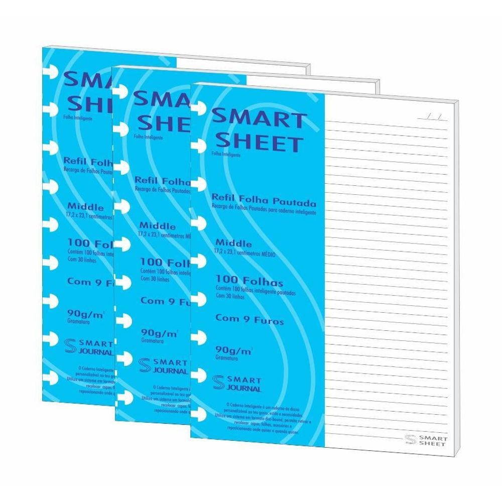 Kit 3 Refil Caderno Inteligente 90G 100 Folha Pautado Medio