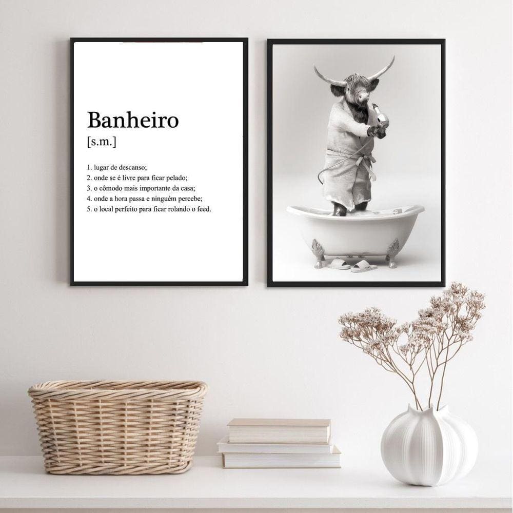 Kit 2 Quadros Divertidos Banheiro - Boi 33X24Cm - Com Vidro