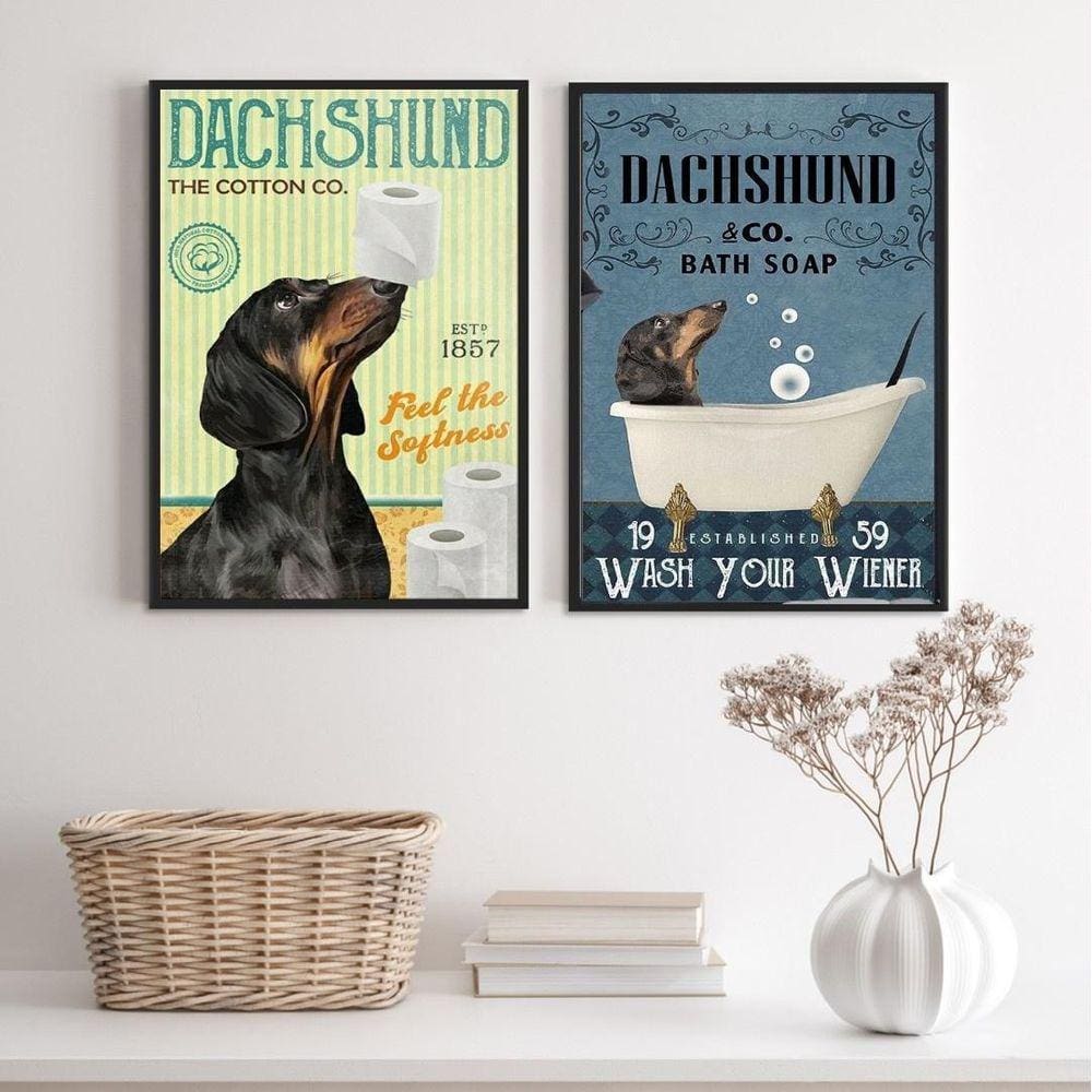 Kit 2 Quadros Banheiro Vintage - Dachshund 33X24Cm